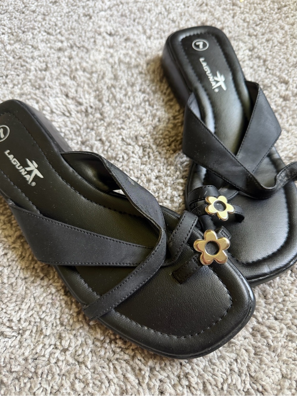 Laguna B Black Women's Slide Sandals with silver Floral Accent